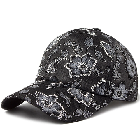 Women Floral Rhinestone Baseball Cap Lace Mesh Breathable Sunshade Hat Adjustable Elegant Fashion Viscose Sun Hat