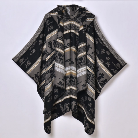 Damen Kapuzenponcho Schal Kaschmirimitat Warm Ethno Jacquard Cape Mantel Offene Vorderseite Boho Vintage Winter Wrap