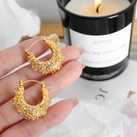 French Vintage Titanium Steel Zirconia Hoop Earrings Gold Plated Irregular Texture Geometric Huggie Earrings For Women Jewelry