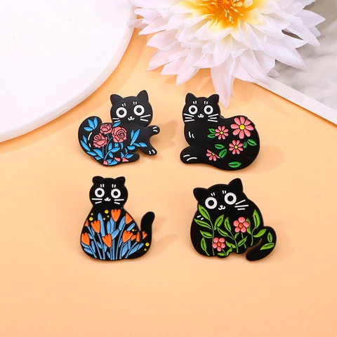 Spille In Smalto Gatto Nero Carino Lega Di Zinco Floreale Rosa Tulipano Cartone Animato Per Zaini Giacche Cappelli Accessori