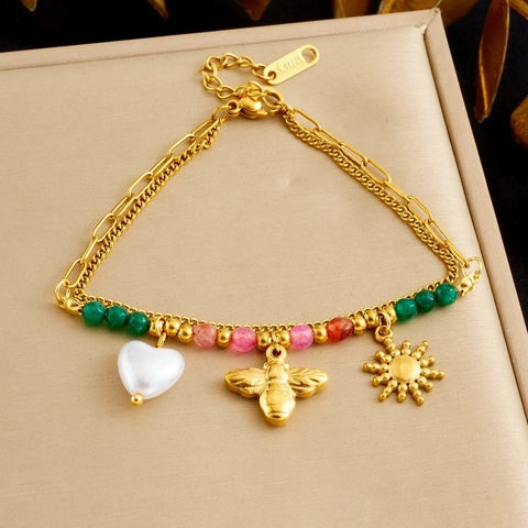 Pulsera De Acero Inoxidable Con Cuentas De Colores Colgantes De Corazón Perla Artificial Abeja Sol Joyería Vintage Doble Cadena Mujer