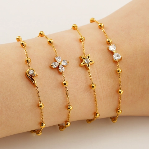Bracelet Élégant En Acier Inoxydable Avec Chaîne À Billes Plaqué Or 18K Pendentifs Papillon Fleur Zircon Pour Femmes