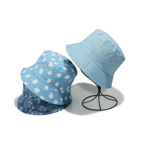 Women Bucket Hat Cotton Denim Rose Maple Leaf Flower Print Sun Protection Outdoor Casual