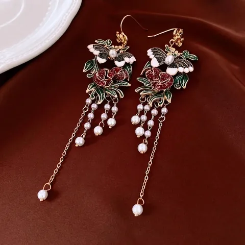 Orecchini Pendenti Vintage Farfalla Rosa Lega Smalto Foglia Catena Lunga Perla Artificial Nappa Con Perno In Argento 925