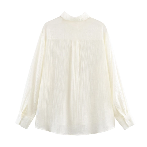 Women Long Sleeve Blouse Crinkle Textured Button Down Shirt Lapel Loose Casual Office Top