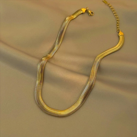 Snake Bone Chain Necklace Stainless Steel Wide Flat 18K Gold Plated Minimalist Clavicle Neck Chain For Women