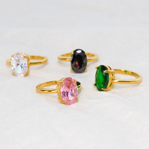 Oval Gemstone Ring Stainless Steel Gold Plated Zircon Geometric Fashion Jewelry Wedding Gift For Women