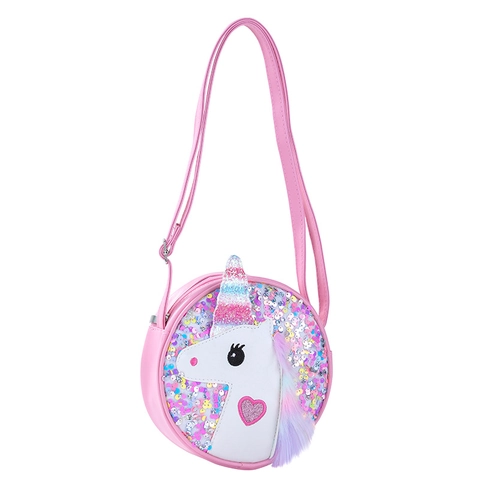 Borsa A Tracolla Rotonda Unicorno Per Bambine Pelle PU Paillettes Glitter Cartone Animato Per Uso Quotidiano