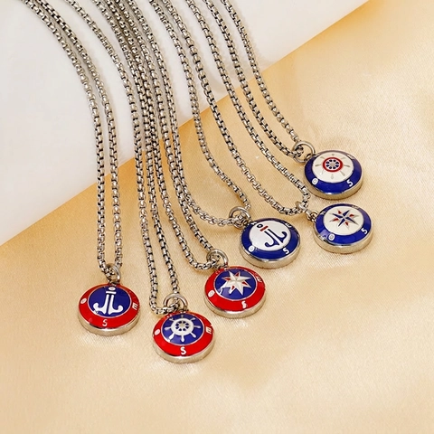 Nautical Pendant Necklace Stainless Steel Enamel Anchor Compass Ship Wheel Jewelry For Men Women