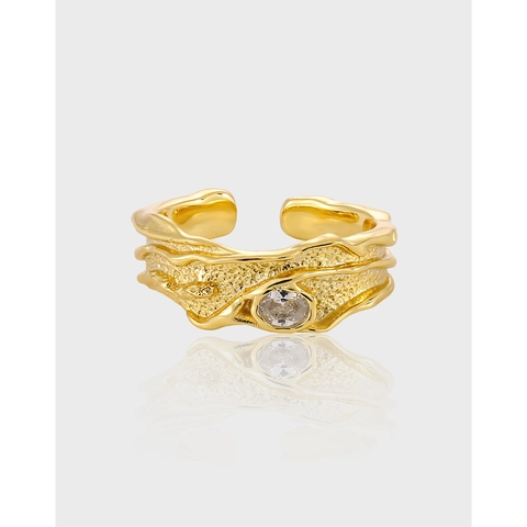 925 Sterling Silber Ring Unregelmäßige Lava Textur Verstellbar Offen Zirkonia Geometrischer Minimalistischer Schmuck Damen