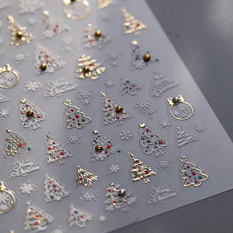 Autocollants Ongles Noël 5D Relief Auto-Adhésifs Flocons De Neige Sapin Or Blanc Décoration Manucure DIY Festive