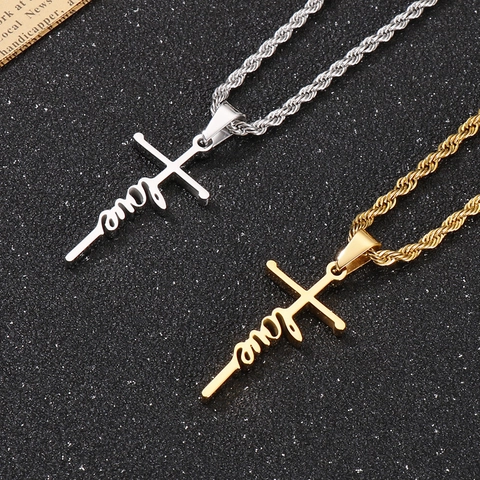 Cross Love Pendant Necklace 316L Stainless Steel Twisted Rope Chain Hip Hop Streetwear Jewelry For Men Women