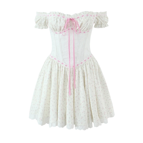 Robe Courte Fleurie Épaules Dénudées Polyester Taille Corset Manches Bouffantes Vintage Dentelle Pour Femmes