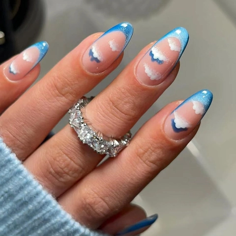 Almond Shape Press On Nails Blue Cat Eye Glitter French Tip White Cloud Pattern Elegant False Nails For Women