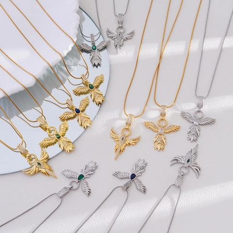 Collana Con Ciondolo Ali Di Angelo Fenice Rame Placcato Oro 18K Zirconia Pietra Preziosa Goccia Catena Serpente Gioielli
