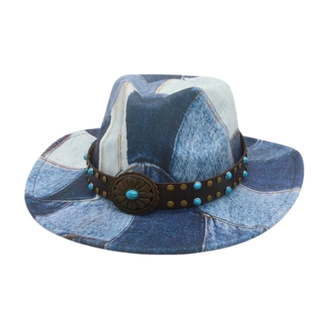 Cappello Da Cowboy Western Retrò Fedora In Denim Patchwork Con Cinturino In Pelle Perline Turchesi E Fibbia In Metallo