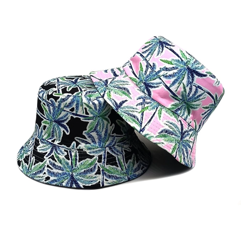 Coconut Palm Tree Print Bucket Hat Polyester Double Sided Summer Beach Sun Protection Foldable Vacation Cap Unisex