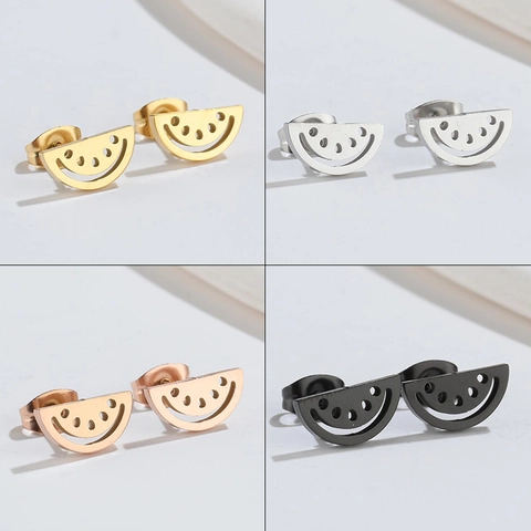 Watermelon Slice Stud Earrings Stainless Steel Hollow Out Fruit Shape Sweet Summer Jewelry For Women Simple Cute