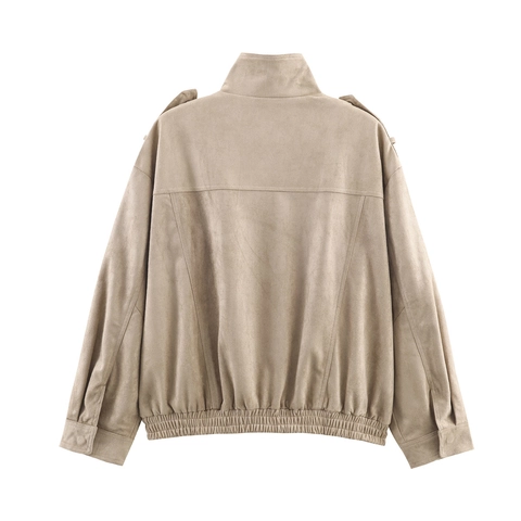 Veste En Suédine Pour Femmes Col Montant Poches Utilitaires Fermeture Éclair Style Rétro Français