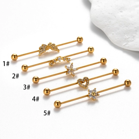 Industrial Barbell Earrings Stainless Steel Heart Wing Daisy Flower Zircon Cartilage Piercing Jewelry For Women Trendy Punk