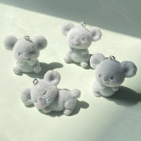 DIY Resin Flocked Koala Animal Charms For Earrings Necklace Keychain Making Cute Gray Velvet Koala Pendant Accessories