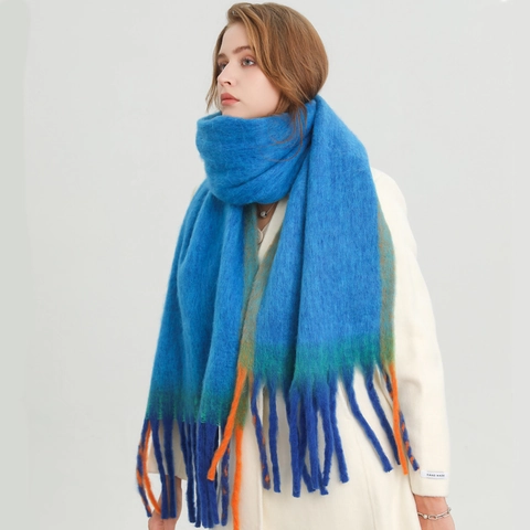 Écharpe Chaude d'Hiver pour Femmes Hommes Châle Dégradé Color Block Avec Glands Enveloppement en Polyester Doux et Épais