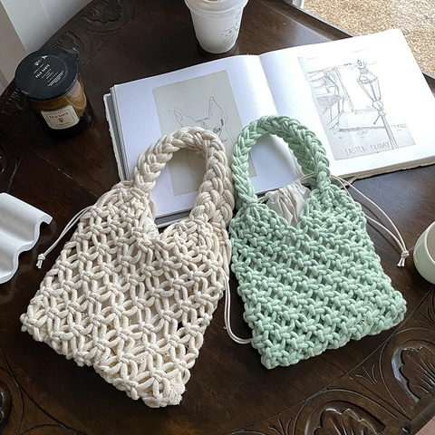 Borsa A Mano Intrecciata A Mano Corda Di Cotone Griglia Cava Borsa Con Tasca Interna Coulisse Stile Bohémien Estate Casual