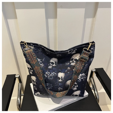 Skull Flower Print Tote Bag Gothic Large Capacity Nylon Fabric Shoulder Handbag With Wide Jacquard Strap For Women