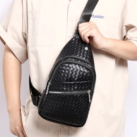 Sac De Poitrine Pour Hommes En Cuir PU Tissé Imperméable Sac Bandoulière Voyage Affaires Décontracté Léger