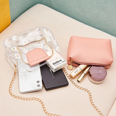 Women Transparent Handbag PVC Daisy Print Cat Ear Metal Handle Shoulder Crossbody Bag With Inner Pouch Clear Tote