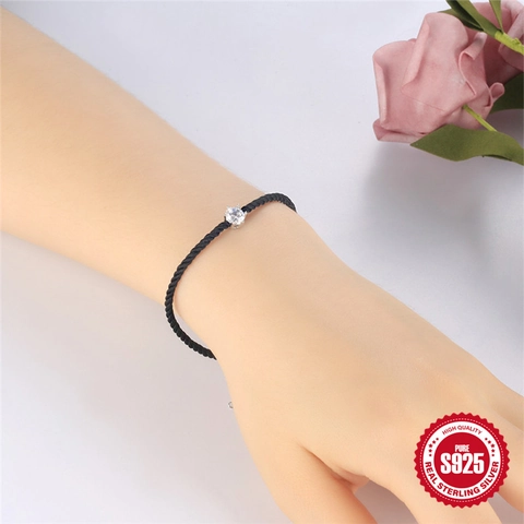 Bracciale in Cordino Minimalista in Argento Sterling 925 Con Zirconia Rotonda Intarsiata Corda Rossa Nera Regolabile Bracciale di Coppia Gioielli Donna