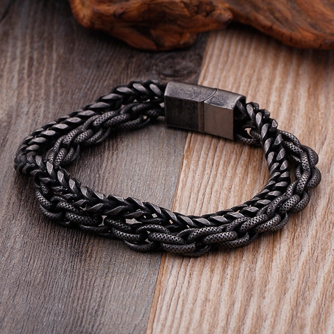 Men Vintage Stainless Steel Bracelet Double Layer Keel Chain Braided Industrial Style Blackened Magnetic Clasp Jewelry