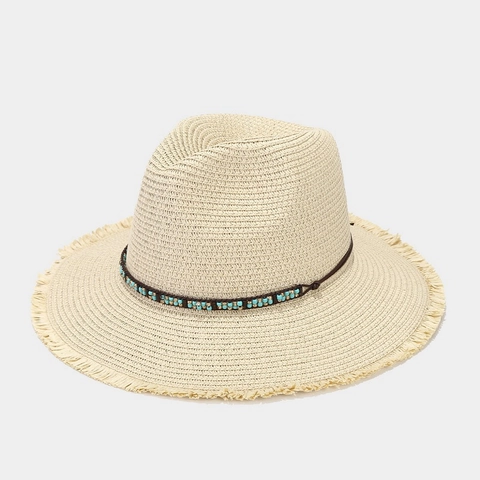 Cappello Fedora Di Paglia Boho Tesa Larga Bordo Sfilacciato Fascia Perline Turchese Etnico Estate Spiaggia Per Donna