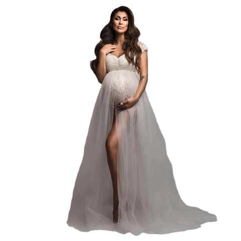 Sexy Lace Mesh Maternity Dress For Photography Off Shoulder Long Maxi Gown For Pregnant Women Photo Shoot