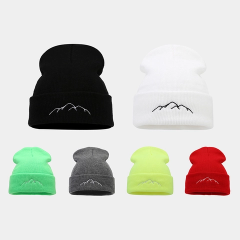 Beanie Hat Acrylic Knitted Mountain Embroidery Outdoor Warm Cuffed Minimalist Winter Skull Cap