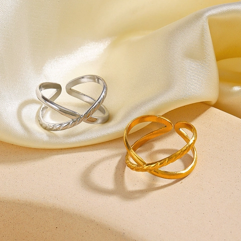 Anillo Abierto Cruzado En X De Acero Inoxidable Cuerda Trenzada Ajustable Chapado En Oro Joyería De Moda Para Mujer