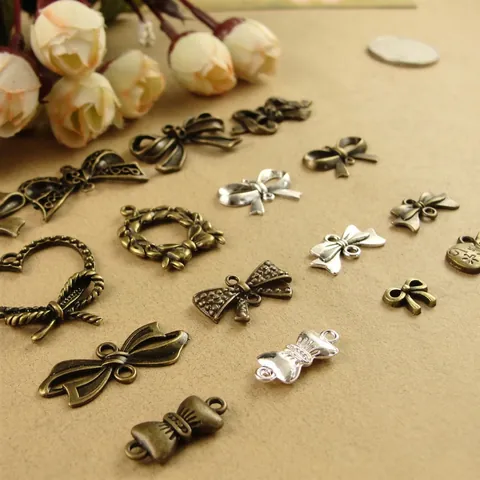 Vintage Bowknot Heart Charms Zinc Alloy Antique Bronze Silver DIY Jewelry Making Connectors Crafting Pendants Accessories