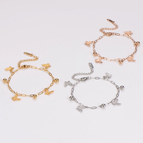 Pulsera De Mariposa Acero Inoxidable Mariposas Esmeriladas Y Cuentas Redondas Joyería De Moda Minimalista Para Mujeres