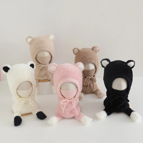 Passamontagna In Peluche Per Bambini Con Orecchie Da Orso Antivento Caldo Sciarpa Integrata Maschera Inverno All'aperto