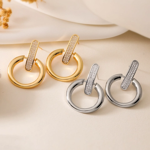 Geometric Drop Earrings Copper 18K Gold Plated Zirconia Ring Bar Vintage Minimalist Jewelry For Women