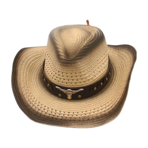 Western Cowboy Straw Hat Woven Wide Brim With Leather Band Bull Head Metal Rivet Sun Protection Summer Beach Unisex
