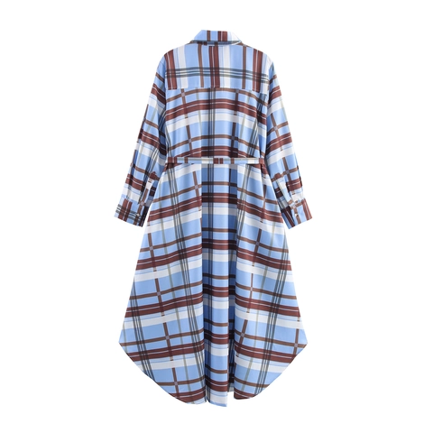 Women Plaid Shirt Dress Long Sleeve Turn-Down Collar Waist Tie Polyester Casual Elegant Maxi Button Down Shirt Dress