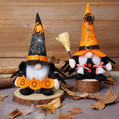 Halloween Gnom Plüschpuppe Gesichtsloser Rudolph Zwerg Mit Hexenhut Spinnennetz BOO Kürbis Besen Schreibtisch Deko Polyester