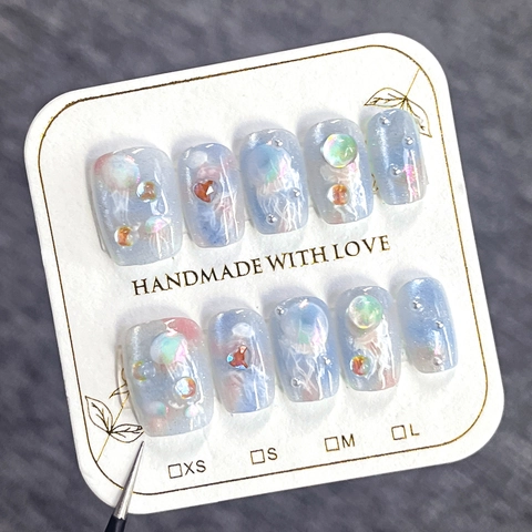 Faux Ongles À Presser Méduse Bleu Océan Décor Künstliche Perle Strass 3D Dégradé Ombré Style Fait Main Pour Femmes