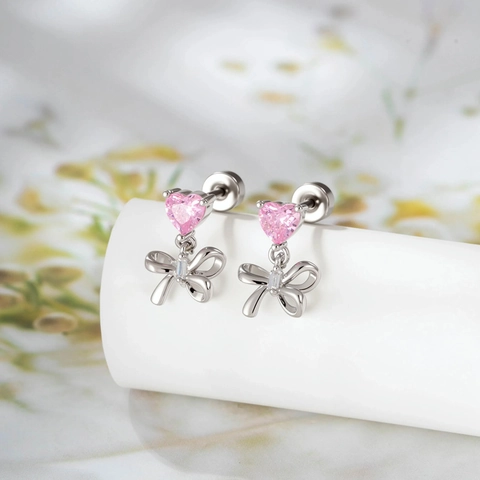 Pink Heart Zircon Bowknot Stud Earring Titanium Steel Copper Piercing Jewelry Sweet Elegant Gift For Her