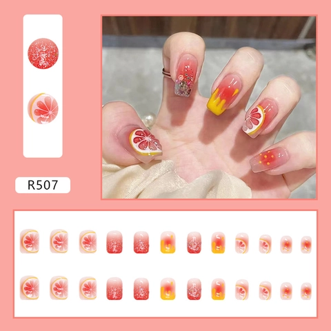 Unghie Finte A Pressione Frutta Estiva Limone Pompelmo Sfumatura Rosso Rosa Rilievo 3D Glitter Strass Unghie Finte ABS