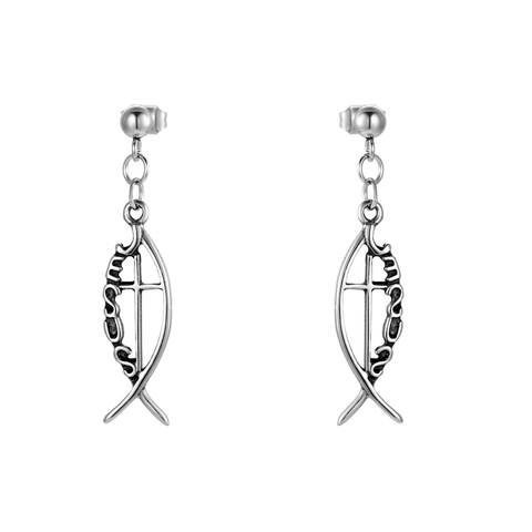 Vintage Stainless Steel Jesus Fish Cross Pendant Earrings For Women Religious Christian Ichthys Jesus Letter Drop Earrings
