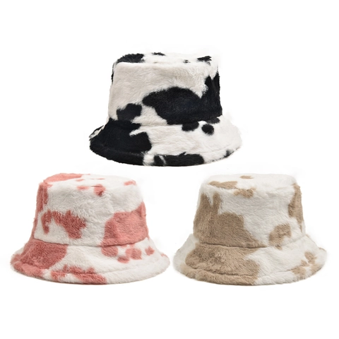 Cappello Alla Pescatora Motivo Mucca Pelliccia Sintetica Caldo Inverno Reversibile Antivento Peluche Donna