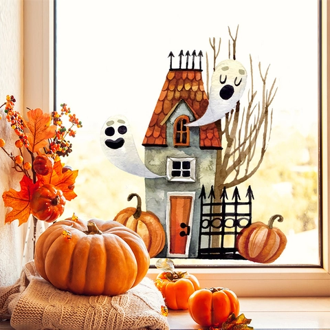 Halloween Window Stickers PVC Pumpkin Ghost Haunted House Decals For Glass Surface Cartoon Watercolor Holiday Decor