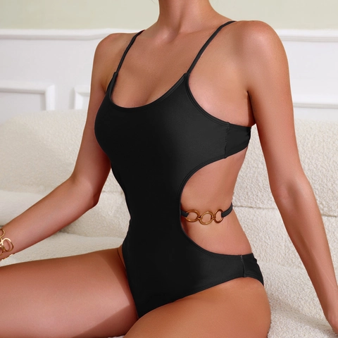 Women One Piece Swimsuit Sexy Monokini Cut Out Waist Metal Chain Solid Color Backless Polyester Beachwear Bathing Suit
